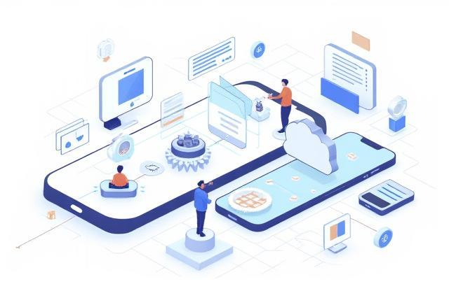 Illustration of a mobile app, design tools, and connected services